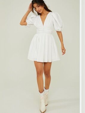 Altar’d State White Mini Dress L Puff Sleeve V Neck Fit Flare Lined Cottagecore
